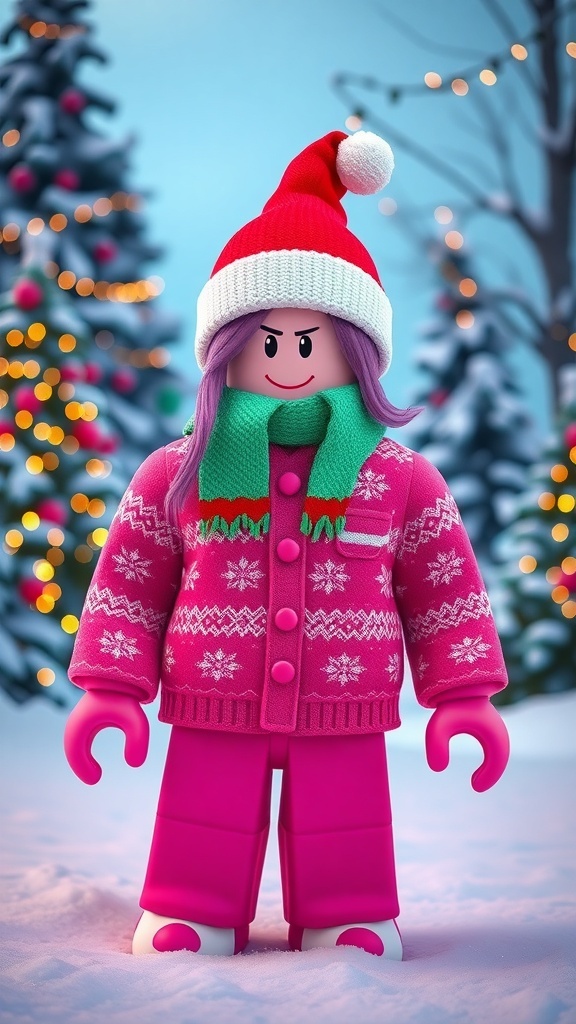 A cheerful pink Christmas Roblox avatar in a snowy setting.